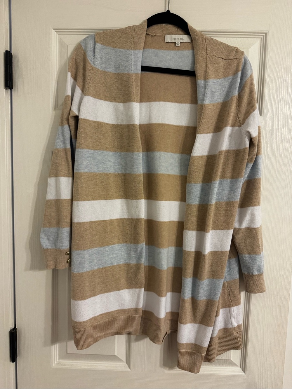 Striped Open-Front Cardigan in Tan, Light Blue & White - Vervi